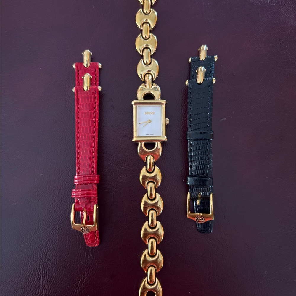Gucci Gold Chain Watch with Red and Black Straps